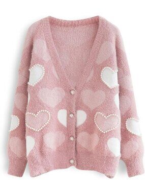 Cute Heart Print Cardigan Sweater | Oversized Knit Top for Valentine's Day